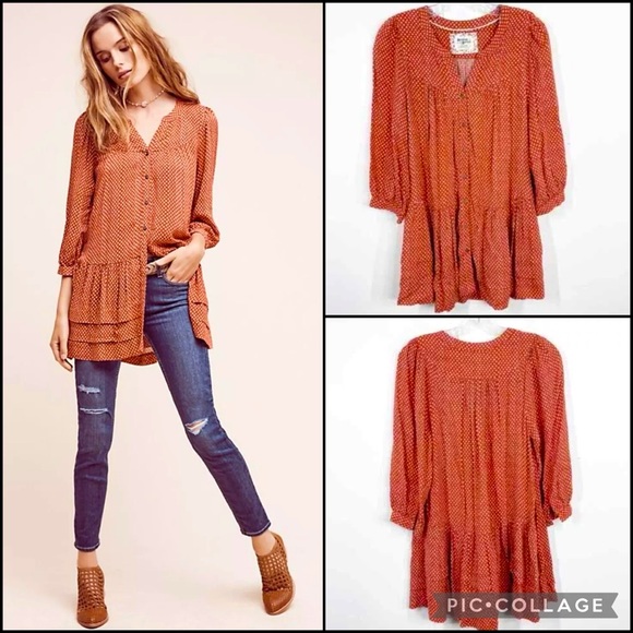 Anthro Holding Horses Rust Print Tiered Ruffle Babydoll Peasant Blouse Top - Picture 1 of 10